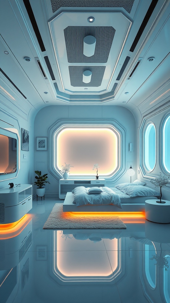 Futuristic bedroom design with sleek lines and glowing accents