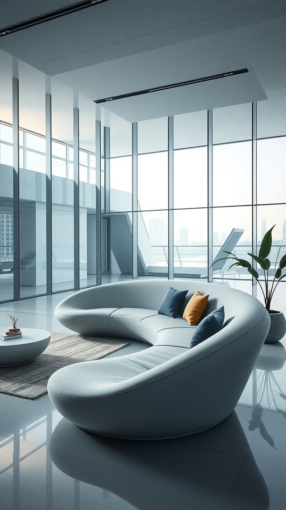 A modern, curved light-colored sofa with colorful cushions in a spacious living room with large windows