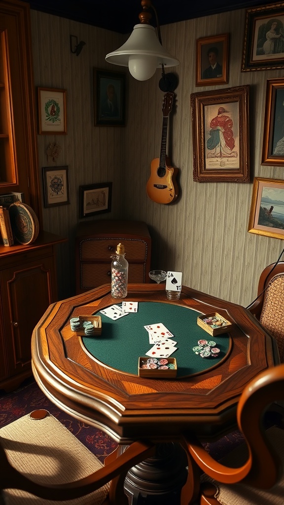 Cozy game table setup with poker chips and cards in a man cave corner.