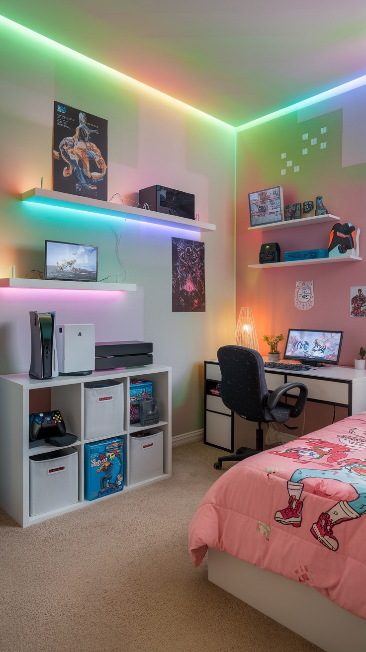 A stylish gaming room with dual monitors, vibrant neon lights, and gaming posters.