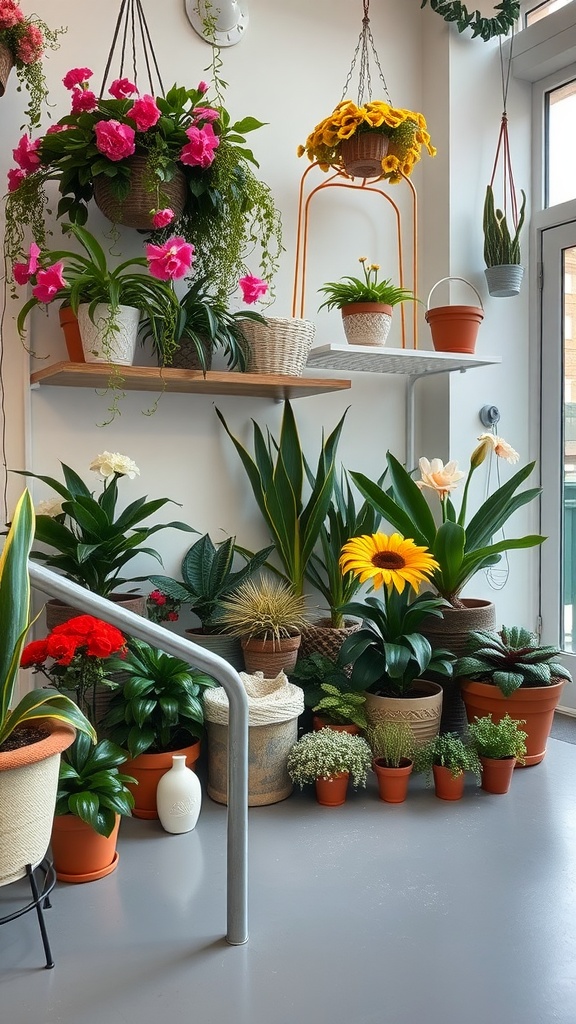 A collection of indoor plants and flowers in various pots, including hanging planters and a sunny window.