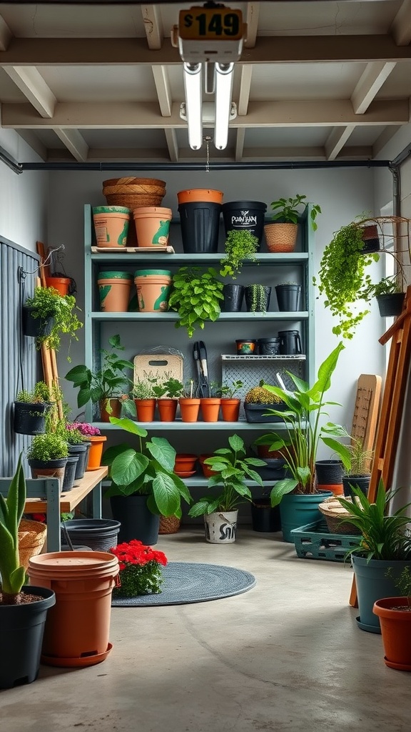 A well-organized garage converted into a gardening storage and potting area, featuring shelves with pots, plants, and gardening tools.
