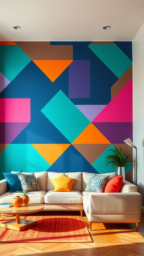 Living room with a geometric pattern accent wall in vibrant colors