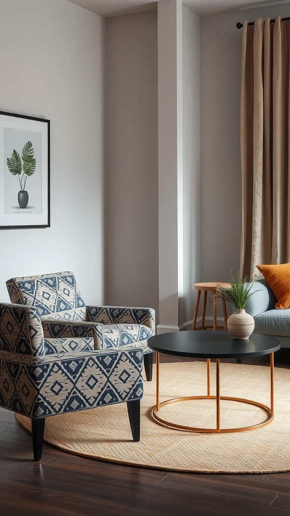 A cozy living space featuring a geometric patterned accent chair, a round coffee table, and soft curtains.