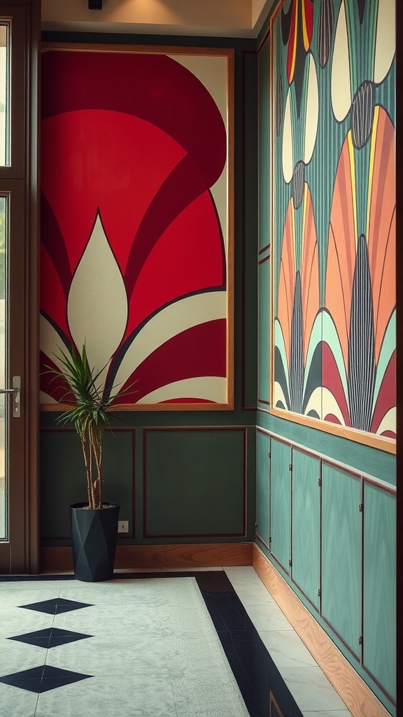 Art Deco wall art featuring geometric patterns in red and green, with a plant in a pot.