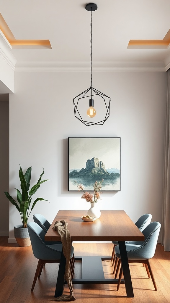 A modern dining area featuring a geometric pendant light hanging over a wooden table, surrounded by soft blue chairs and a plant.