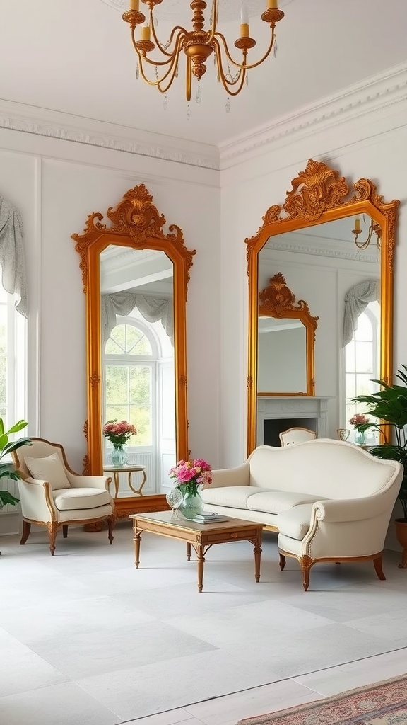 A bright Victorian living room featuring gilded mirrors, elegant furniture, and potted plants.