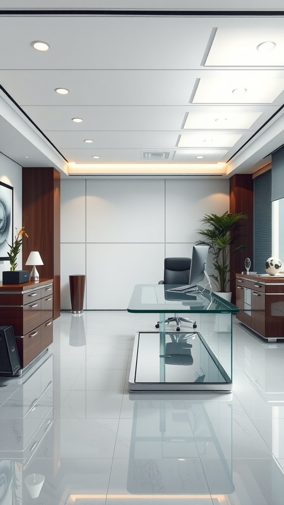 A modern office with a glass desk, wood cabinetry, and chrome accents