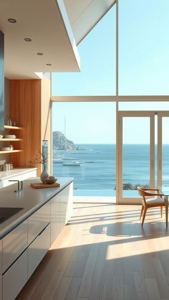A modern coastal kitchen featuring large glass windows with a sea view, sleek cabinetry, and wooden accents.