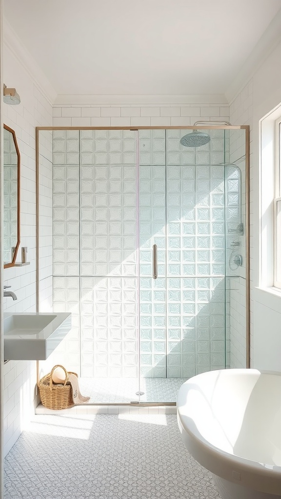 A modern bathroom featuring a glass block shower partition, a white freestanding bathtub, and a sleek sink.