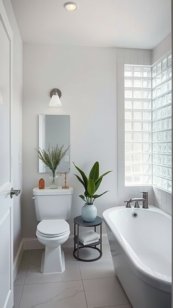 A bathroom featuring a glass block wall, modern fixtures, and a plant.