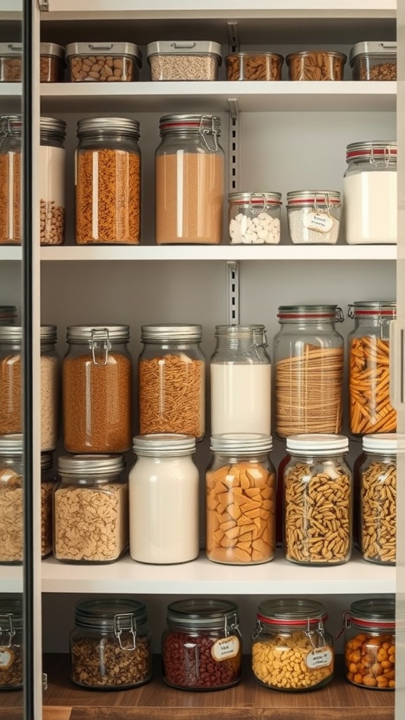 Organized pantry with glass jars of various dry goods