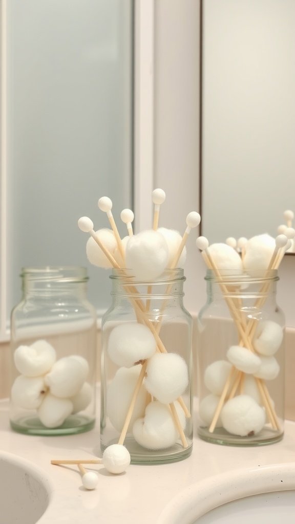Glass jars filled with cotton balls and swabs on a bathroom countertop