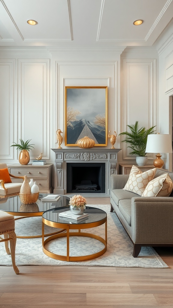 Luxurious living room featuring metallic accents with a golden coffee table and decor, a stylish couch, and elegant artwork.