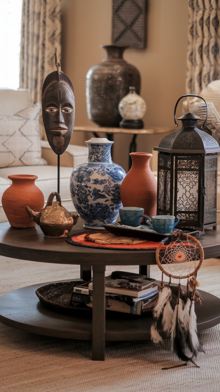 A stylish coffee table with a glass top, decorated with books, a globe, and a blue vase, set against a sofa with colorful pillows and a woven wall art above.