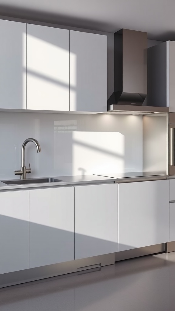 Modern kitchen with glossy high-gloss white cabinets and stainless steel appliances