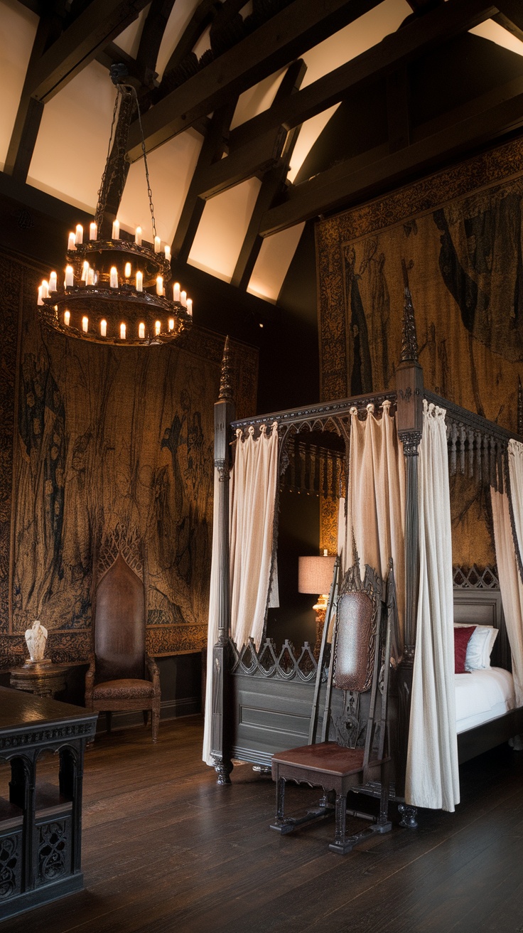 A gothic-style room featuring dark tones, elegant furnishings, and intricate decor.