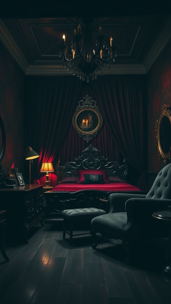 A moody gothic bedroom with dark walls, rich red bedding, ornate furniture, and warm lighting.