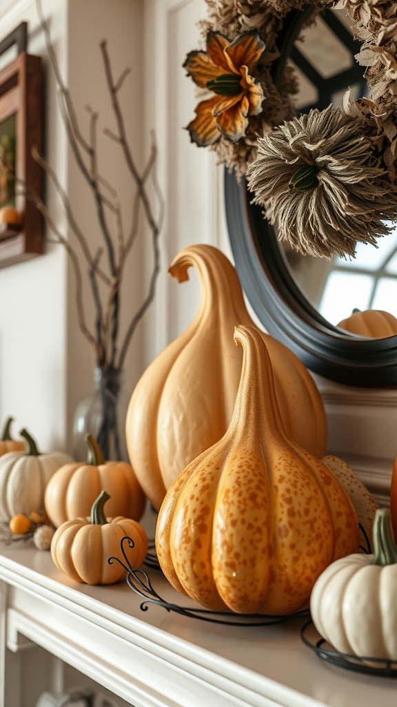 Decorative gourd-shaped objects in various sizes and colors on a shelf