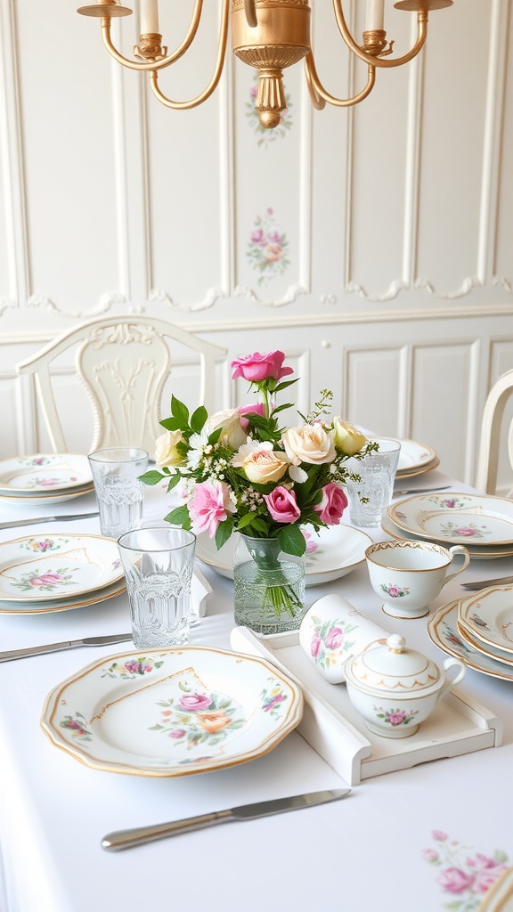 A beautifully set dining table featuring grandma's china collection with floral patterns, glassware, and a bouquet of flowers.