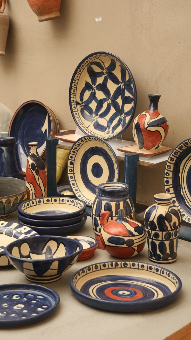 A collection of hand-painted ceramic dishes and teapots displayed on a kitchen counter