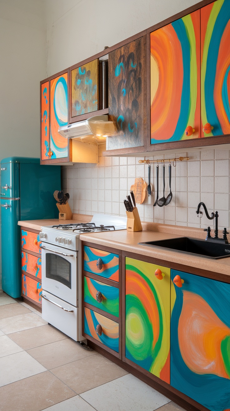 Colorful hand-painted kitchen cabinets with floral designs and unique motifs.