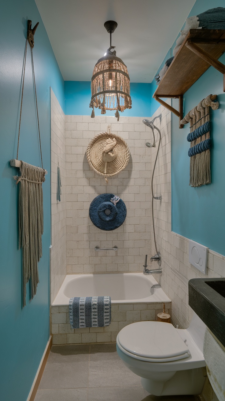 Cozy bathroom with oceanic handcrafted art and decor