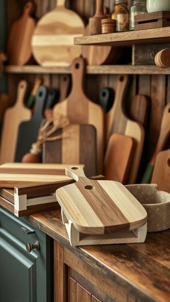A collection of handcrafted wooden cutting boards displayed on a rustic kitchen countertop