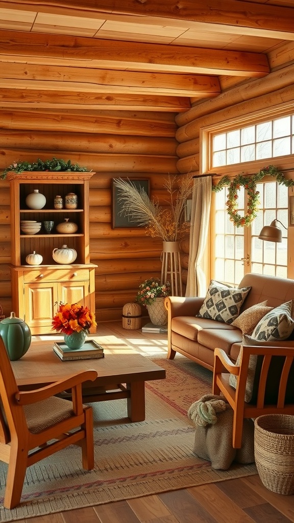Cozy living room featuring handcrafted wooden furniture, with natural light illuminating the space.