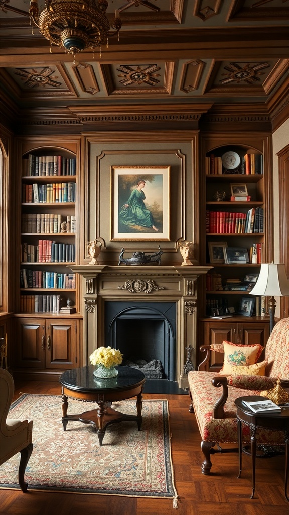 A Victorian living room featuring intricate woodwork, built-in cabinets, and elegant furnishings.