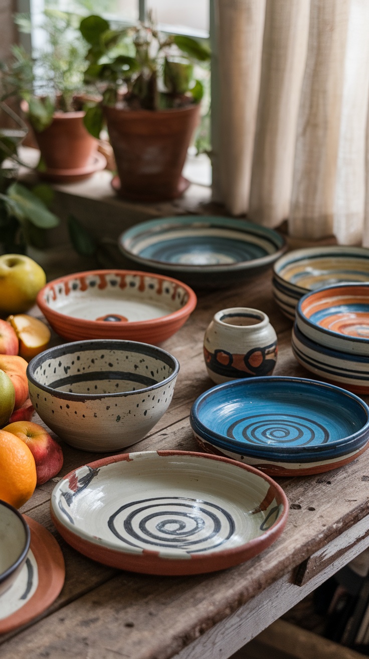 A collection of handmade pottery dishes in various shapes and sizes, showcasing earthy tones and textures.