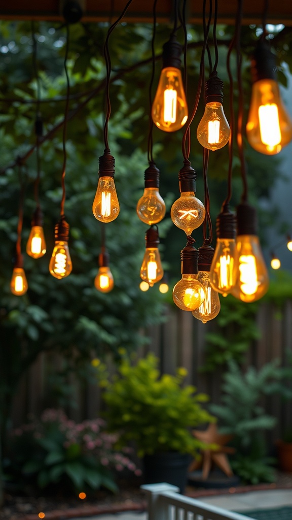 Hanging Edison bulbs illuminated in a garden setting