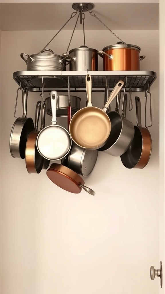 A hanging pot rack with various pots and pans suspended from a ceiling, showcasing a modern kitchen design.