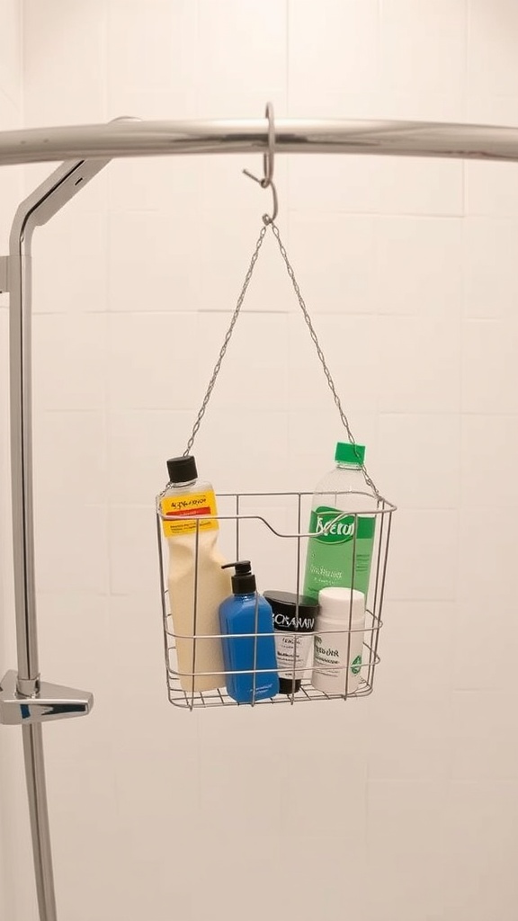 A hanging shower caddy with various bottles inside, suspended from a shower rod.