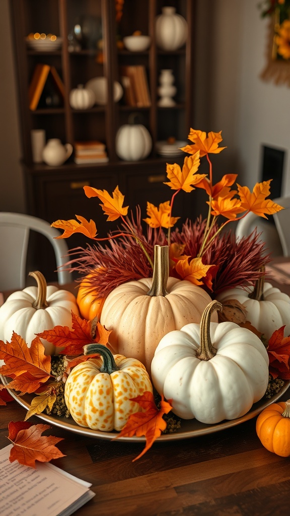 A fall centerpiece featuring assorted pumpkins and autumn leaves on a wooden table.