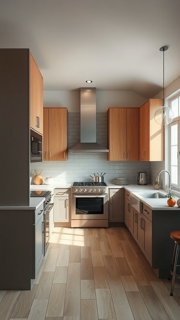 A modern kitchen featuring heightened upper cabinets with a blend of natural wood tones and sleek finishes.