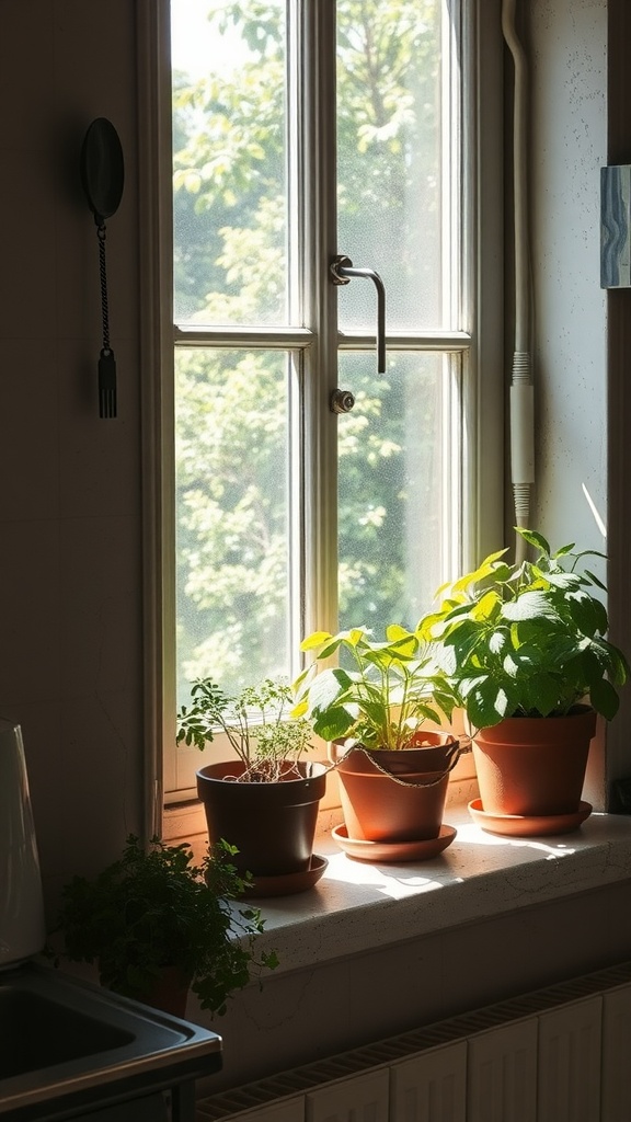 Herb garden with pots on a kitchen windowsill, filled with various herbs.