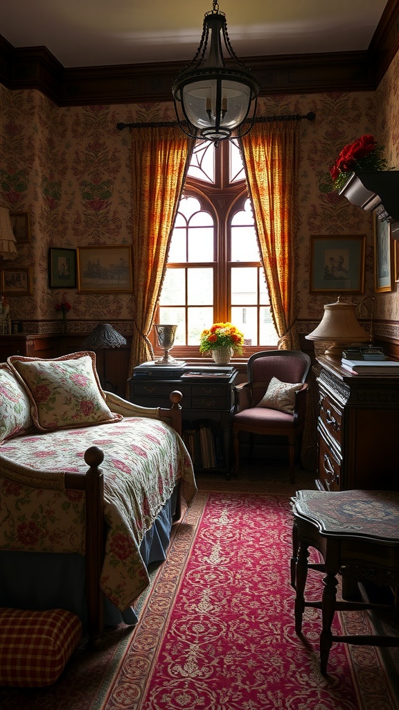 A cozy bedroom featuring rich heritage colors in the decor, including a floral patterned bedspread and warm lighting.