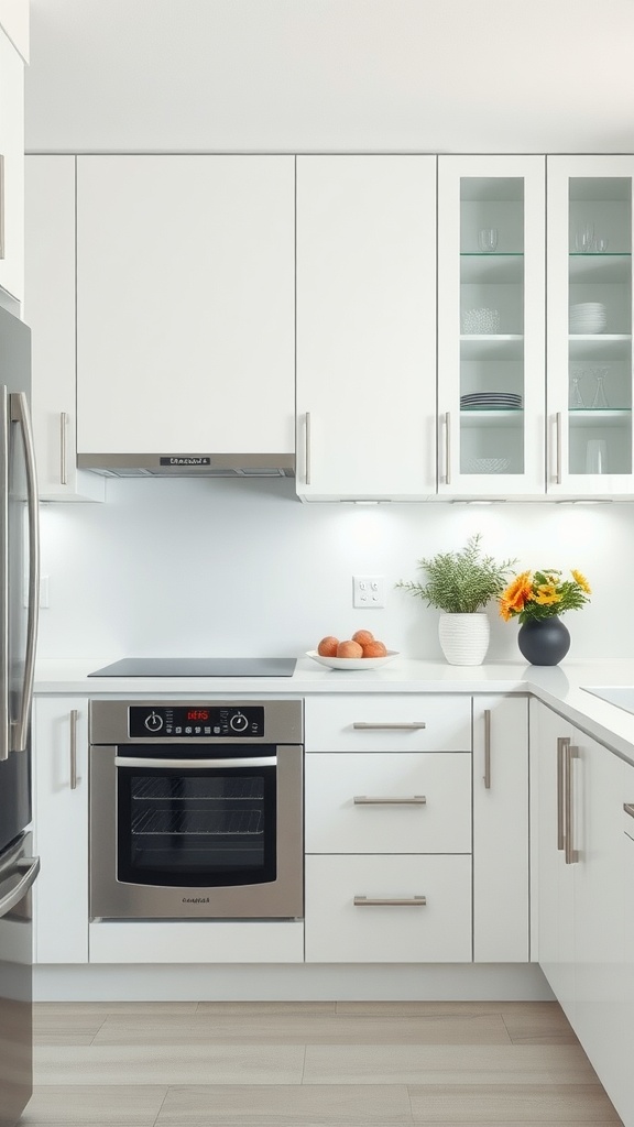 A compact kitchen featuring hidden appliances, sleek cabinetry, and organized design.