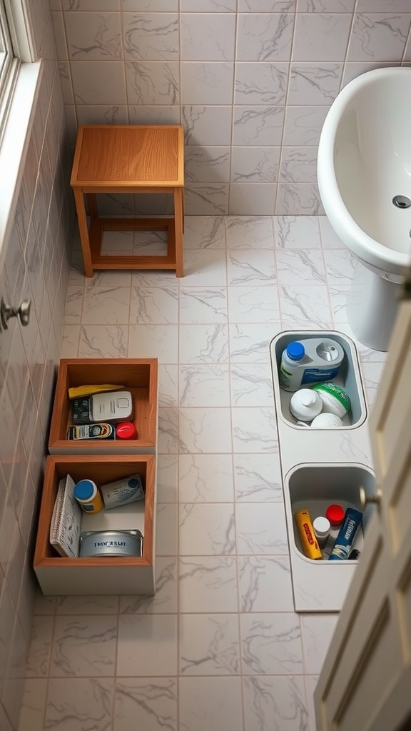 A small bathroom with hidden storage in the flooring, featuring wooden boxes and recessed sections for toiletries.