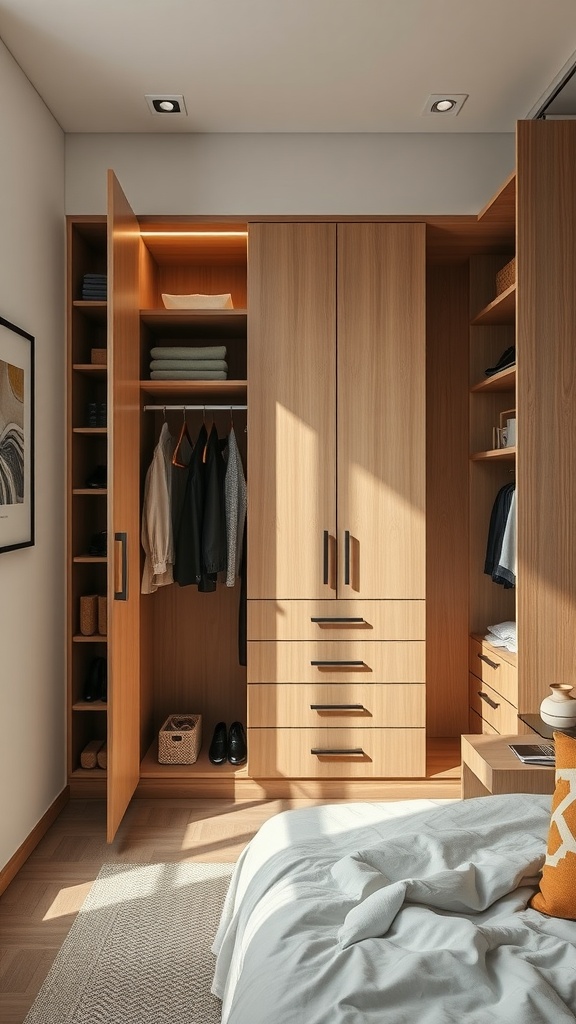 Stylish wooden closet with hidden storage options in a bedroom.