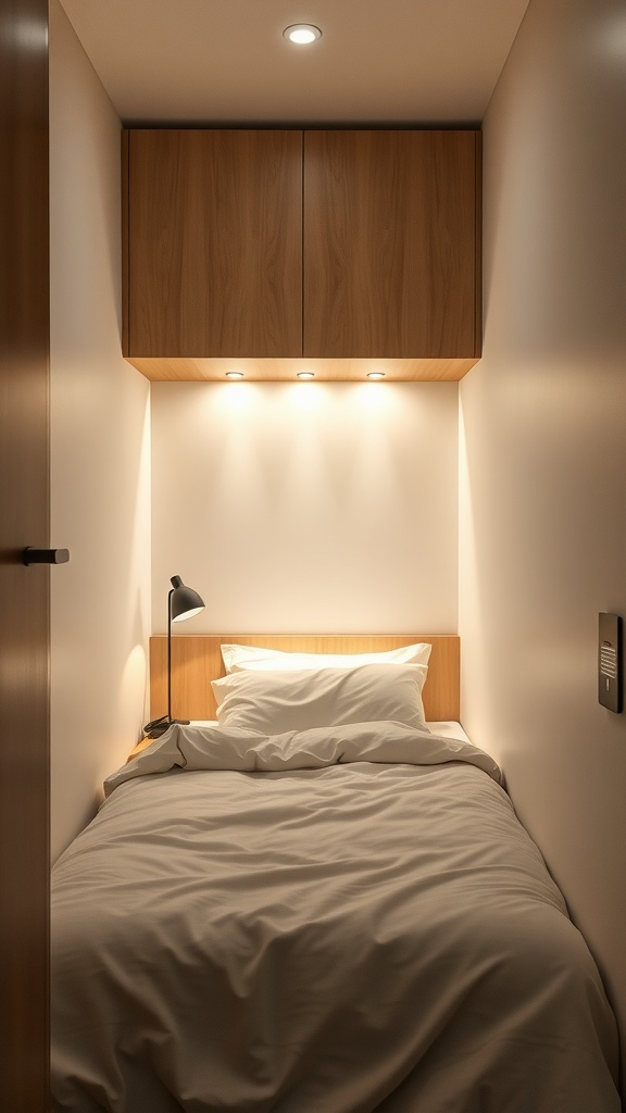 Cozy small bedroom with built-in cabinetry and wall-mounted lighting