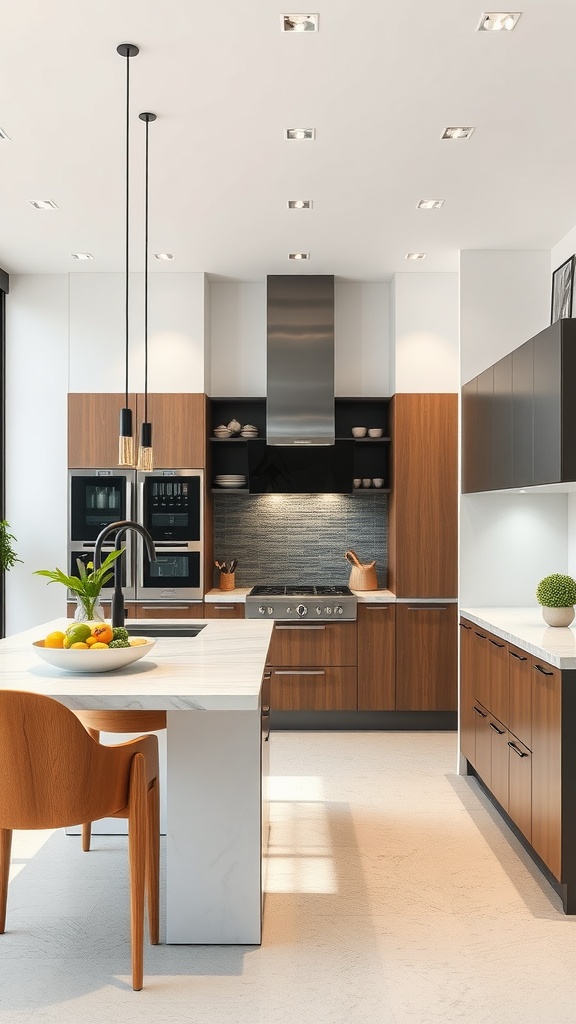 Modern kitchen featuring high-tech appliances, sleek cabinetry, and stylish lighting.
