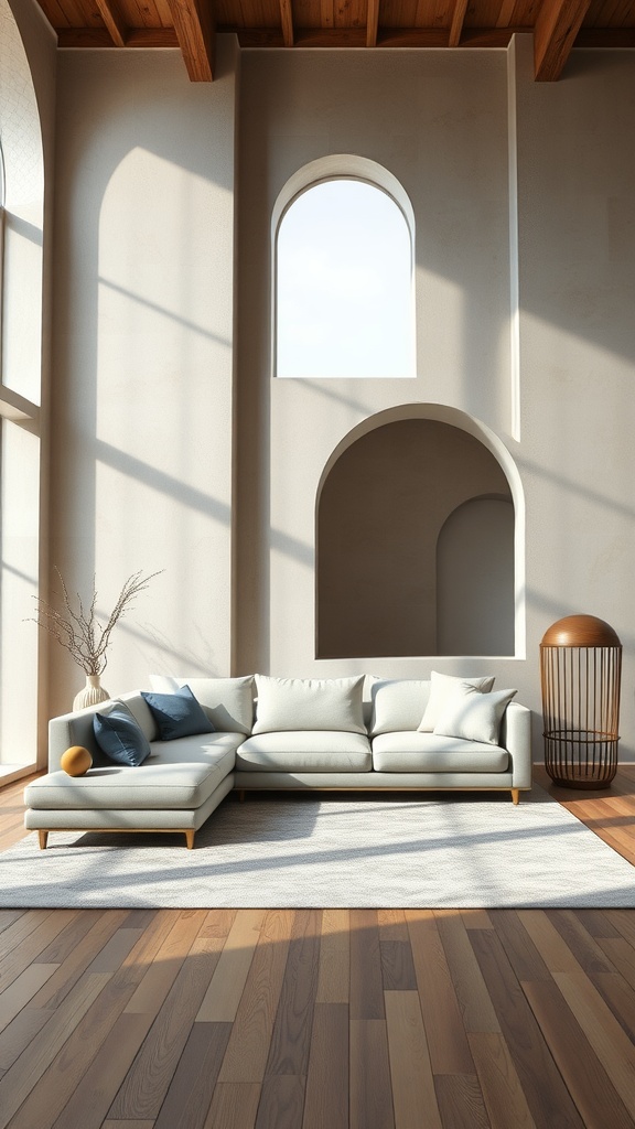 A sectional sofa in a room with arched windows and wooden beams.