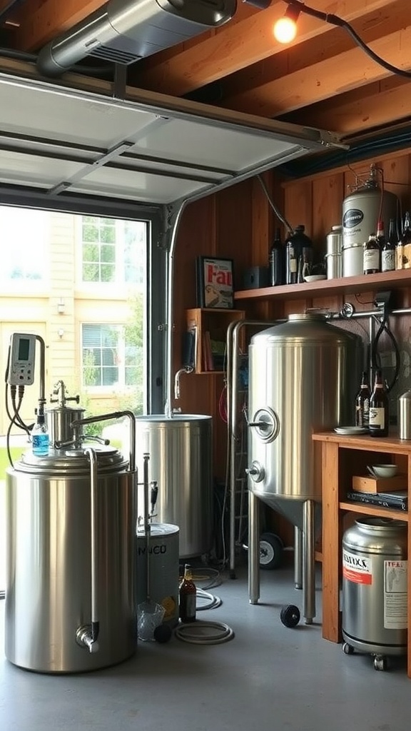 A well-equipped home brewing station in a garage, featuring stainless steel brewing equipment and shelves with bottles.