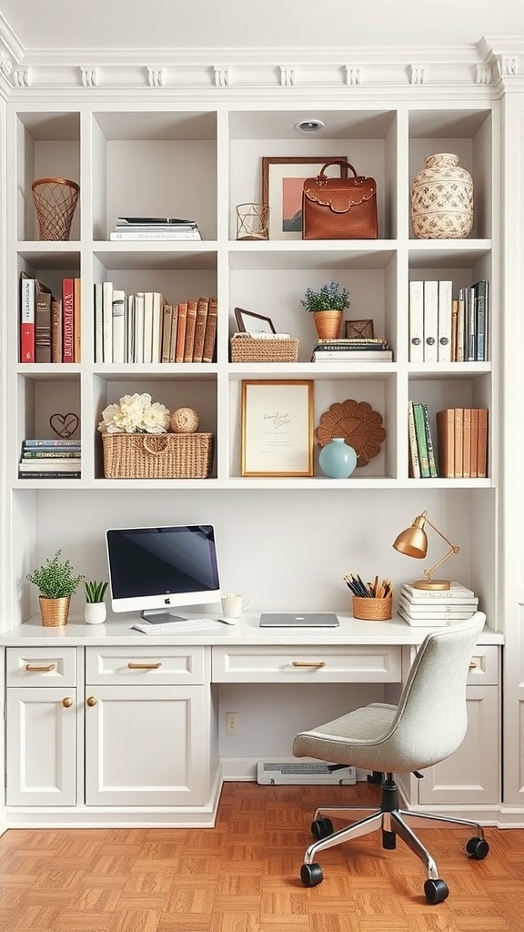 A modern home office with built-in shelves, featuring books, a computer, and decorative items.