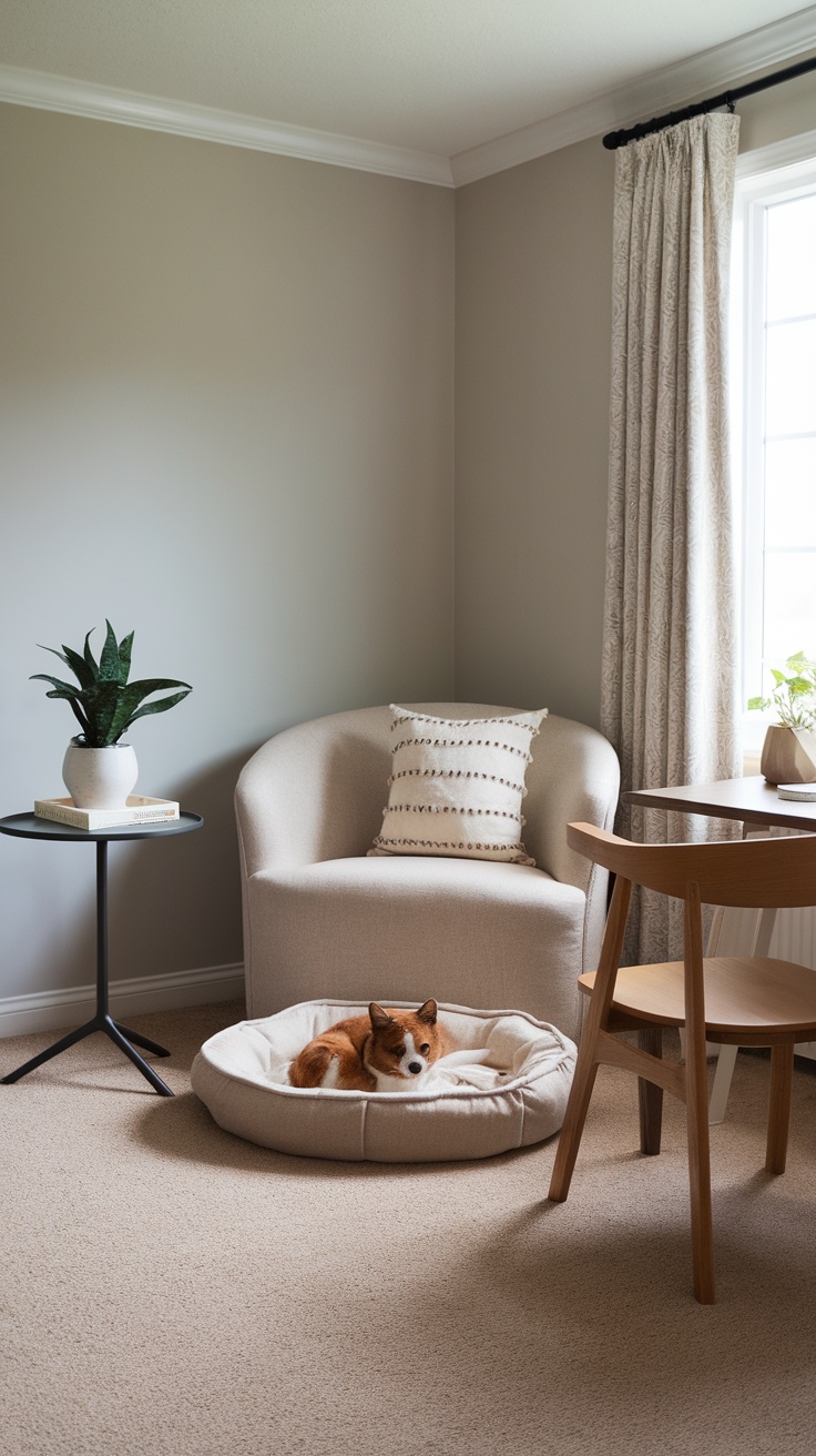 A cozy home office featuring two dogs resting on a rug, surrounded by a desk and vibrant decor.