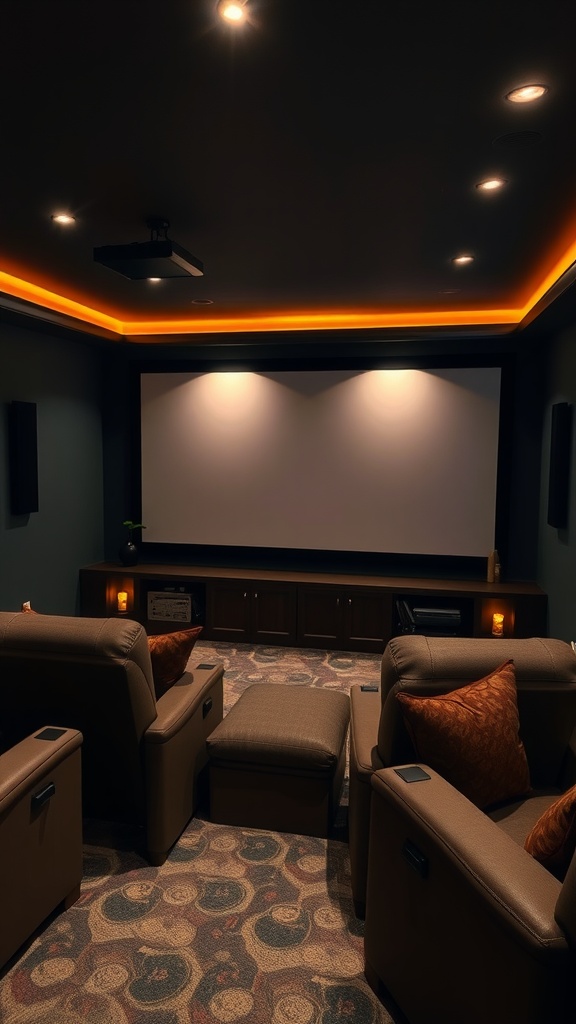 A cozy home theater setup with comfortable seating, a projector, and soft lighting.