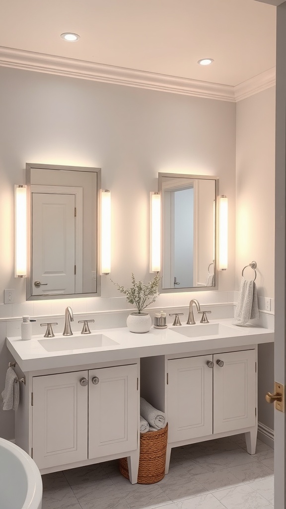 A coastal bathroom featuring illuminated mirrors and soft lighting, creating a serene atmosphere.
