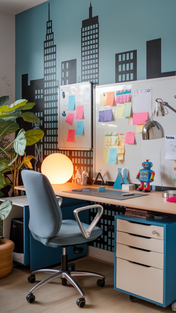 A bright home office with a white desk, orange striped chair, whiteboards filled with notes, and green plants.